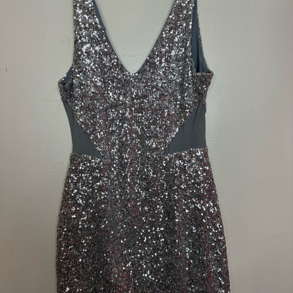 Bebe Silver Sequin Bodycon Sleeveless Mini Dress with Mesh Cutouts - Picture 5 of 14